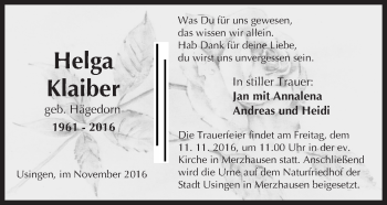 Traueranzeige von Helga Klaiber von  Usinger Anzeiger
