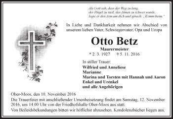 Traueranzeige von Otto Betz von VRM Trauer