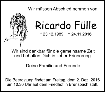 Traueranzeige von Ricardo Fülle von Trauerportal Echo Online