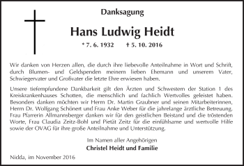 Traueranzeige von Hans Ludwig Heidt von  Kreisanzeiger