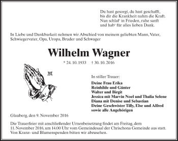 Traueranzeige von Wilhelm Wagner von  Kreisanzeiger