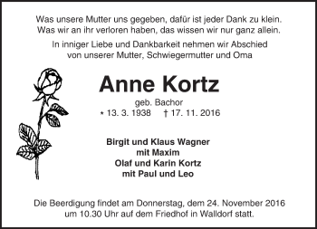 Traueranzeige von Anne Kortz von Trauerportal Echo Online