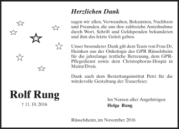 Traueranzeige von Rolf Rung von Trauerportal Rhein Main Presse