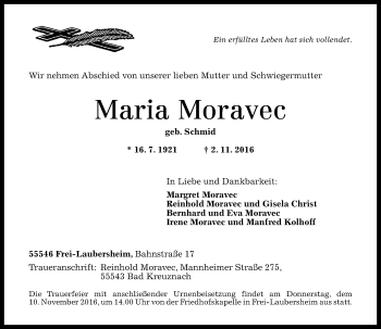Traueranzeige von Maria Moravec von Trauerportal Rhein Main Presse