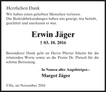 Traueranzeige von Erwin Jäger von  Kreisanzeiger