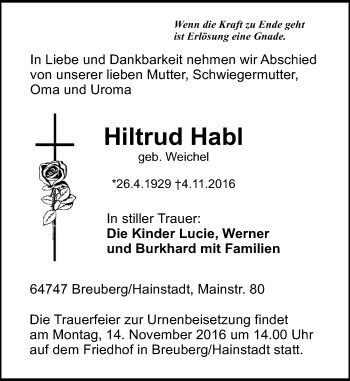 Traueranzeige von Hiltrud Habl von Trauerportal Echo Online