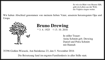 Traueranzeige von Bruno Drewing von  Gießener Anzeiger