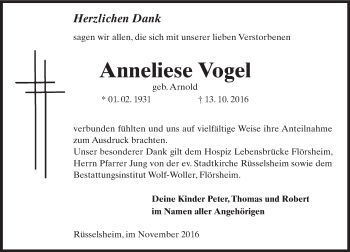 Traueranzeige von Anneliese Vogel von Trauerportal Rhein Main Presse