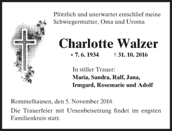 Traueranzeige von Charlotte Walzer von  Kreisanzeiger