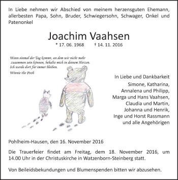 Traueranzeige von Joachim Vaahsen von  Gießener Anzeiger