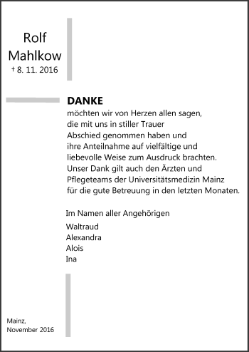 Traueranzeige von Rolf Mahlkow von Trauerportal Rhein Main Presse