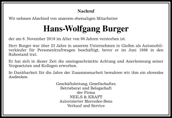 Traueranzeige von Hans-Wolfgang Burger von  Gießener Anzeiger