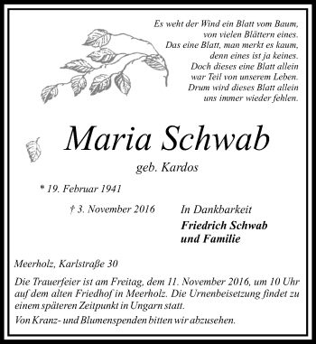 Traueranzeige von Maria Schwab von  Gelnhäuser Tageblatt