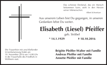 Traueranzeige von Elisabeth Pfeiffer von Trauerportal Rhein Main Presse