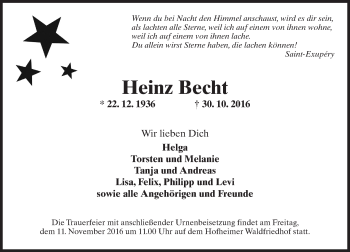 Traueranzeige von Heinz Becht von Trauerportal Rhein Main Presse