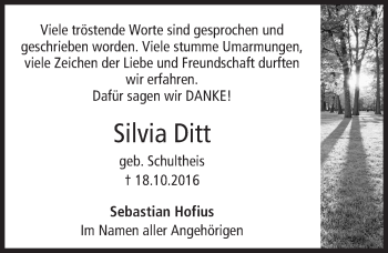 Traueranzeige von Silvia Ditt von Trauerportal Rhein Main Presse