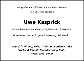 Traueranzeige von Uwe Kasprick von Trauerportal Rhein Main Presse