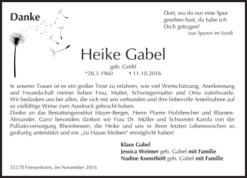 Traueranzeige von Heike Gabel von Trauerportal Rhein Main Presse