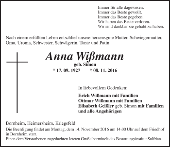 Traueranzeige von Anna Wißmann von Trauerportal Rhein Main Presse