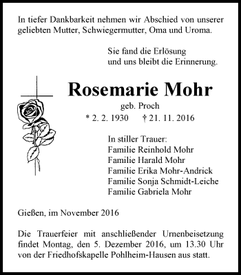Traueranzeige von Rosemarie Mohr von  Gießener Anzeiger