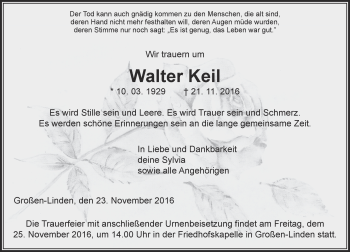 Traueranzeige von Walter Keil von  Gießener Anzeiger