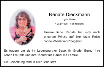 Traueranzeige von Renate Dieckmann von Trauerportal Echo Online