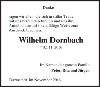 Traueranzeige von Wilhelm Dornbach von Trauerportal Echo Online