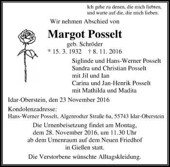 Traueranzeige von Margot Posselt von  Gießener Anzeiger