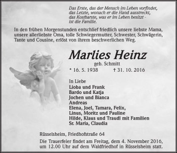Traueranzeige von Marlies Heinz von Trauerportal Rhein Main Presse