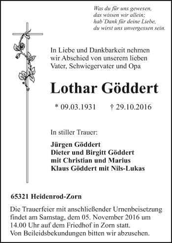 Traueranzeige von Lothar Göddert von Trauerportal Rhein Main Presse