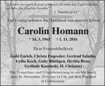 Traueranzeige von Carolin Homann von  Gelnhäuser Tageblatt