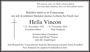 Traueranzeige von Hella Vincon von  Usinger Anzeiger
