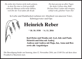 Traueranzeige von Heinrich Reber von  Gelnhäuser Tageblatt