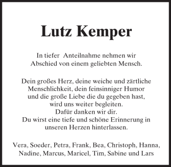 Traueranzeige von Lutz Kemper von Trauerportal Echo Online