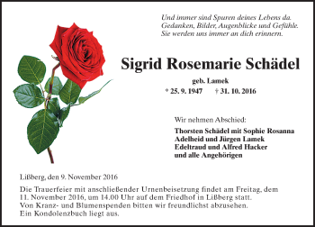 Traueranzeige von Sigrid Rosemarie Schädel von  Kreisanzeiger
