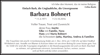 Traueranzeige von Barbara Bohnert von Trauerportal Rhein Main Presse