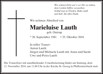 Traueranzeige von Marieluise Lauth von  Usinger Anzeiger