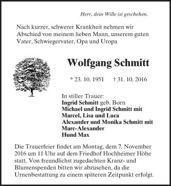 Traueranzeige von Wolfgang Schmitt von Trauerportal Rhein Main Presse
