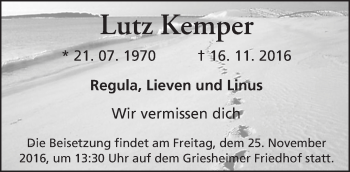Traueranzeige von Lutz Kemper von Trauerportal Echo Online