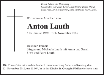 Traueranzeige von Anton Lauth von  Usinger Anzeiger