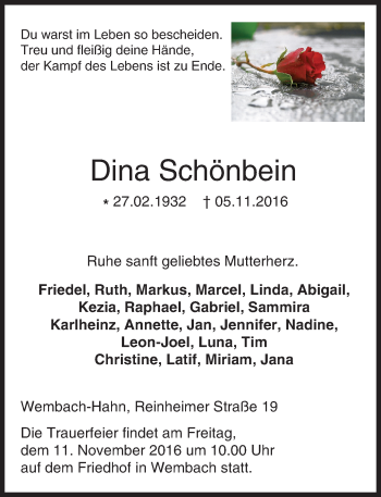 Traueranzeige von Dina Schönbein von Trauerportal Echo Online