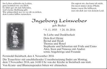 Traueranzeige von Ingeborg Leinweber von  Gießener Anzeiger