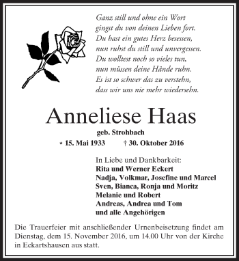 Traueranzeige von Anneliese Haas von  Kreisanzeiger