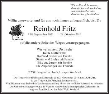 Traueranzeige von Reinhold Fritz von  Usinger Anzeiger
