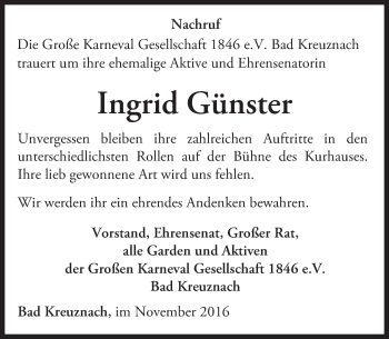 Traueranzeige von Ingrid Günster von Trauerportal Rhein Main Presse