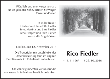 Traueranzeige von Rico Fiedler von  Gießener Anzeiger