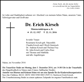 Traueranzeige von Erich Kirsch von Trauerportal Rhein Main Presse