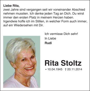 Traueranzeige von Rita Stoltz von Trauerportal Echo Online
