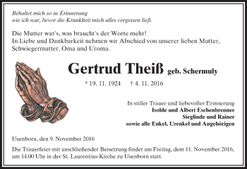 Traueranzeige von Gertrud Theiß von  Kreisanzeiger