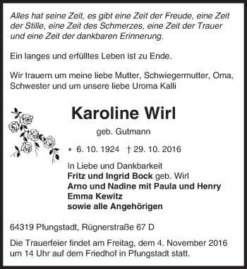 Traueranzeige von Karoline Wirl von Trauerportal Echo Online